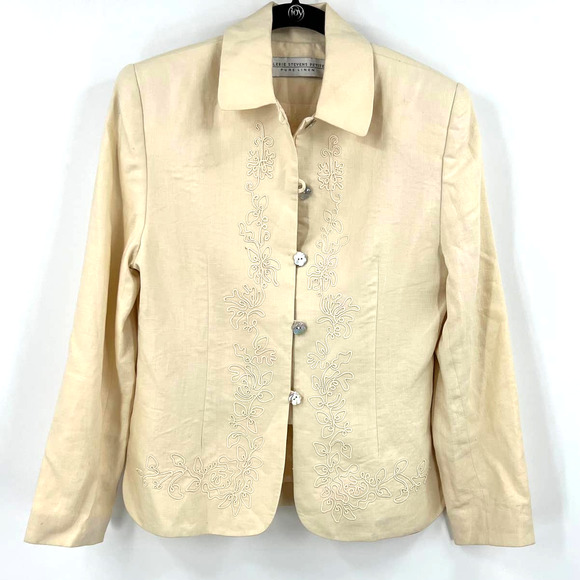 Valerie Stevens Vintage Linen Cream Jacket Blazer Embroidered Women's Size 2 - Picture 1 of 8